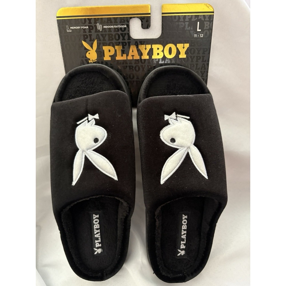 NEW Playboy Logo Memory Foam Indoor Outdoor Black Slippers Slides Size 11-12